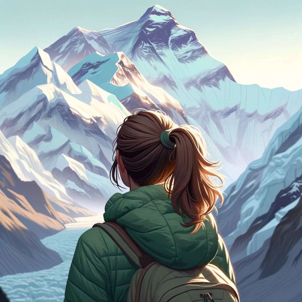 someone gazing at Mount Everest, digital art created in Procreate